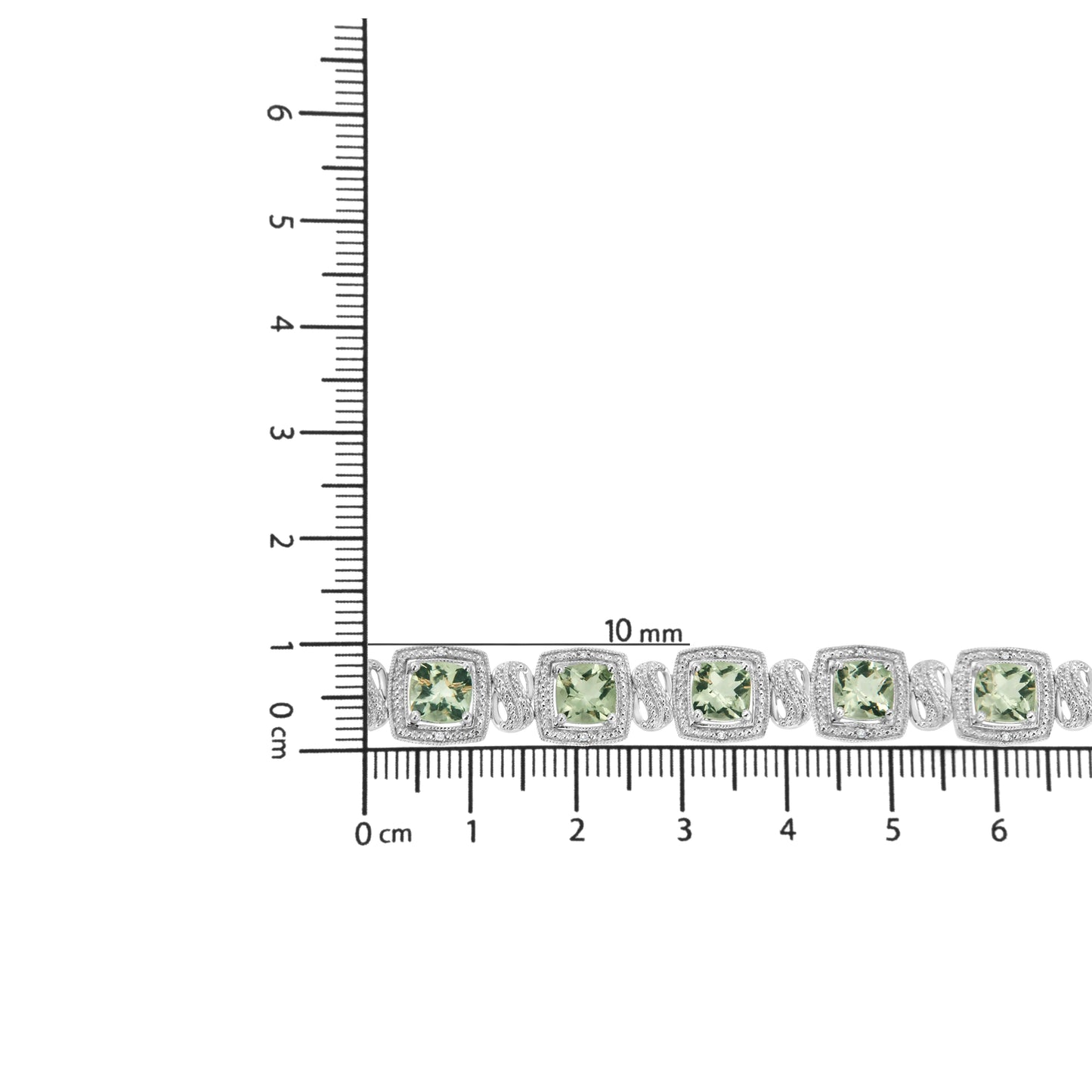 .925Sterling Silver 7x7 mm Cushion Cut Green Amethyst and 1/10 cttw Single Cut Diamond Square Shape Tennis Bracelet (I-J Color, I1-I2 Clarity) - 7"