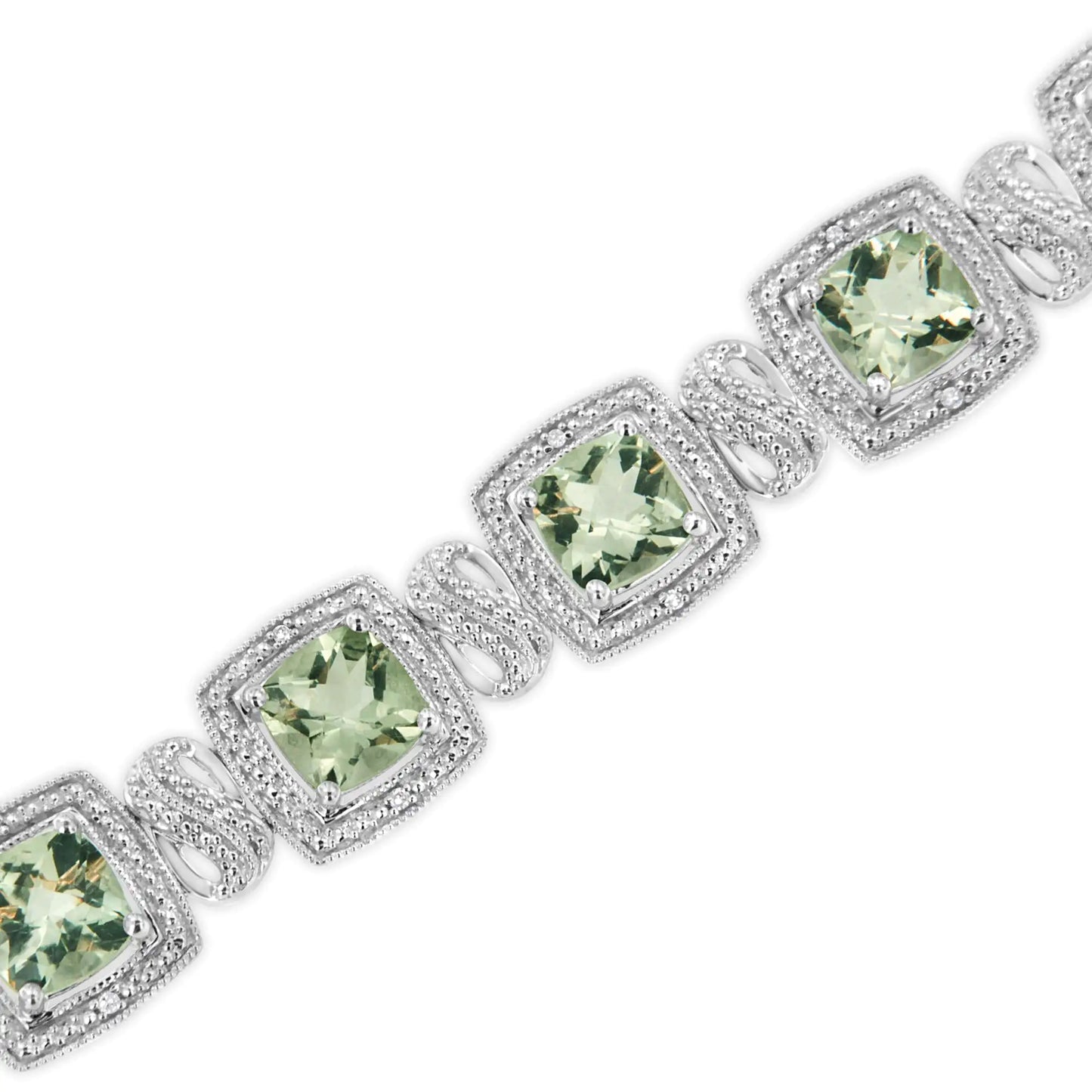 .925Sterling Silver 7x7 mm Cushion Cut Green Amethyst and 1/10 cttw Single Cut Diamond Square Shape Tennis Bracelet (I-J Color, I1-I2 Clarity) - 7"