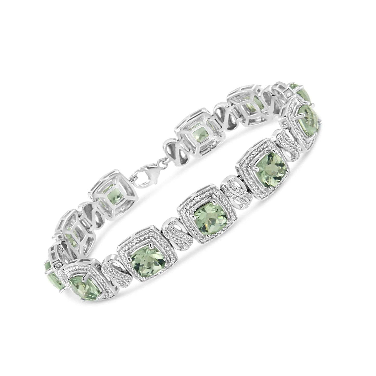 .925Sterling Silver 7x7 mm Cushion Cut Green Amethyst and 1/10 cttw Single Cut Diamond Square Shape Tennis Bracelet (I-J Color, I1-I2 Clarity) - 7"