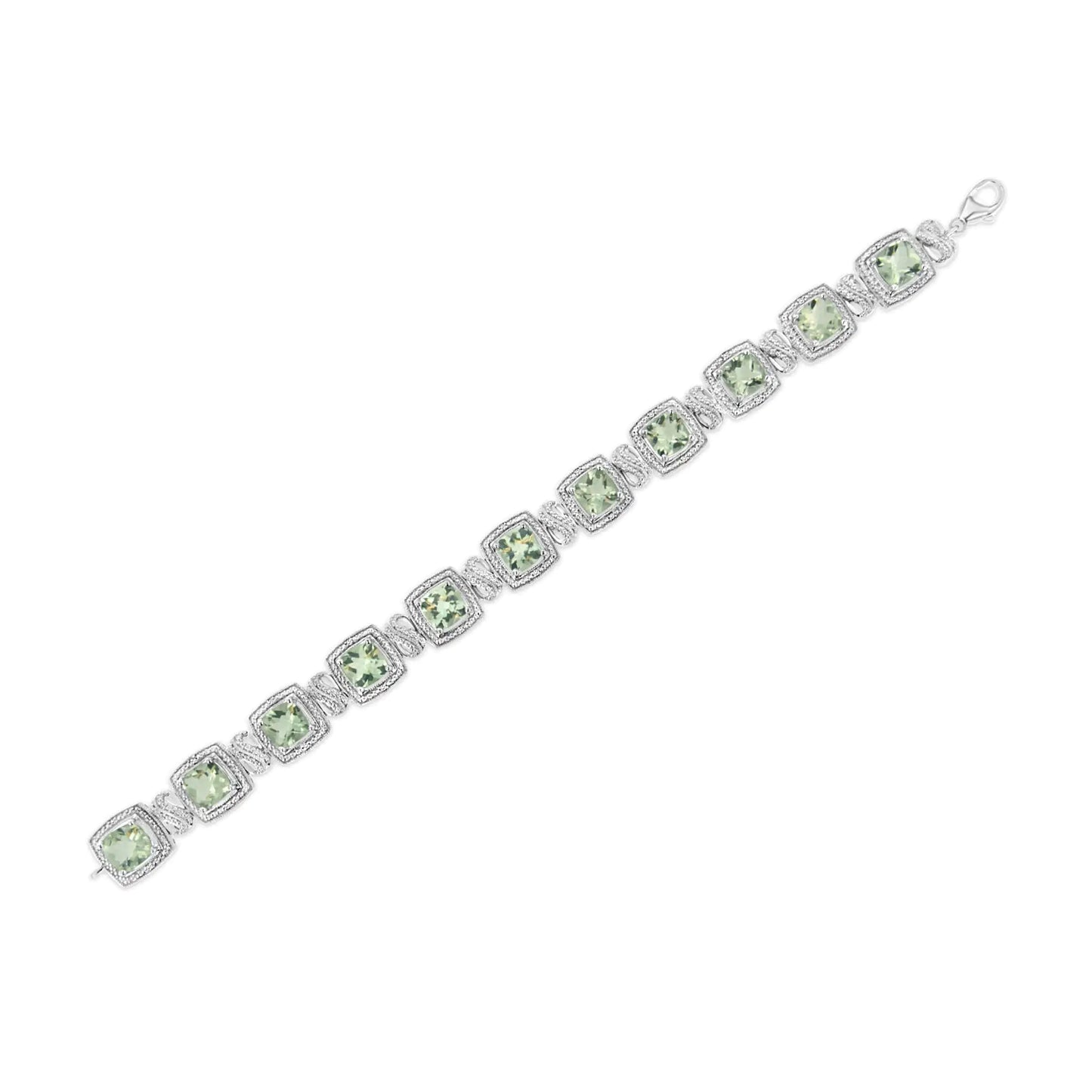 .925Sterling Silver 7x7 mm Cushion Cut Green Amethyst and 1/10 cttw Single Cut Diamond Square Shape Tennis Bracelet (I-J Color, I1-I2 Clarity) - 7"