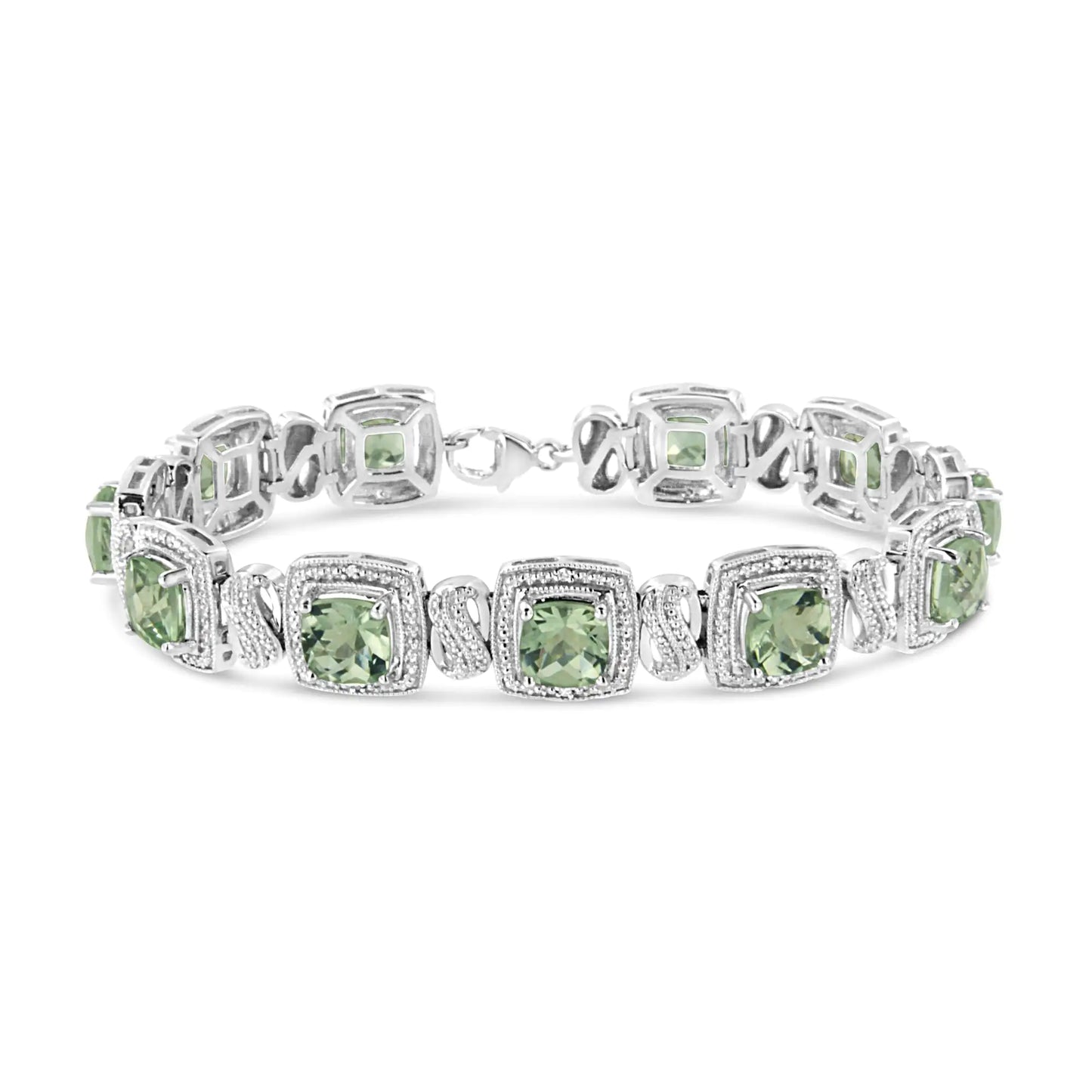 .925Sterling Silver 7x7 mm Cushion Cut Green Amethyst and 1/10 cttw Single Cut Diamond Square Shape Tennis Bracelet (I-J Color, I1-I2 Clarity) - 7"