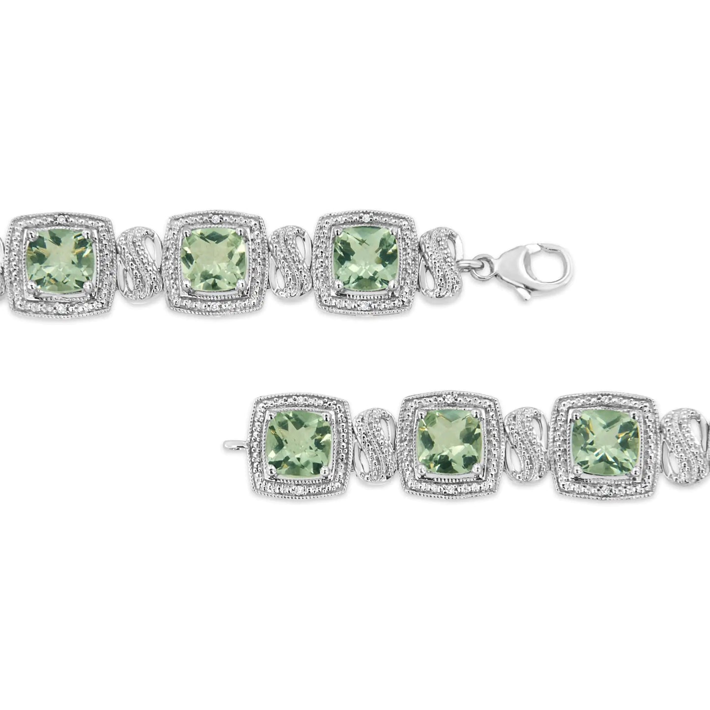 .925Sterling Silver 7x7 mm Cushion Cut Green Amethyst and 1/10 cttw Single Cut Diamond Square Shape Tennis Bracelet (I-J Color, I1-I2 Clarity) - 7"